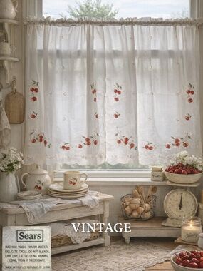 Vintage Sears Cherry Embroidered Curtains 6 panels ea 33x35 Cottagecore Farmhous